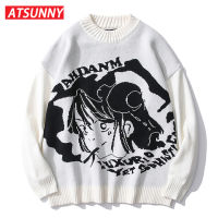ATSUNNY Mens Hip Hop Streetwear Harajuku Sweater Vintage Retro Japanese Style Anime Girl Knitted Sweater Autumn Cotton Pullover