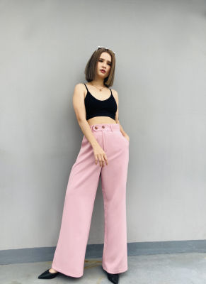 BKP Pants Aee พร้อมส่ง กางเกงขาบานเอวสูง ผ้าเปเป้แต่งกระดุม รุ่น 0ne way pants ช่วยพรางหุ่น เรียบหรู