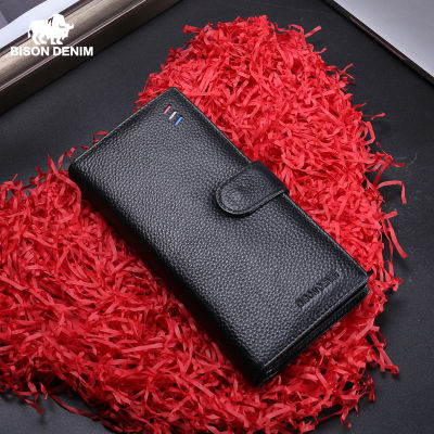 BISON DENIM Luxury Brand Men Long Wallet Card Holder Cowskin Mens Purse Zipper Pocket Quality Male Clutch Genuine Leather N8206