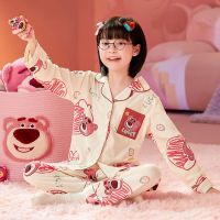 Girls pajamas long-sleeved pure cotton spring and autumn cartoon childrens home clothes lovely baby set of big children and little girlsTH