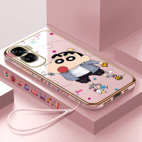 เคสสำหรับ Honor โทรศัพท์90 5G 90 Lite 5G ฟรีสายคล้องการ์ตูนน่ารักสีเทียน Shinchan ลายขอบสี่เหลี่ยมชุบเคสโทรศัพท์เคสโทรศัพท์นิ่มชุบหรูหรา