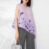 2023 Hot High-end Miyake ink painting butterfly print sleeveless T-shirt   casual loose irregular pleated vest top for women