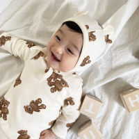 201 Autumn Newborn Baby Bodysuits Cute Bear Print Boys Long Sleeve Jumpsuit With Bear Ear Hat Baby Girl Cotton Clothes 0-24M