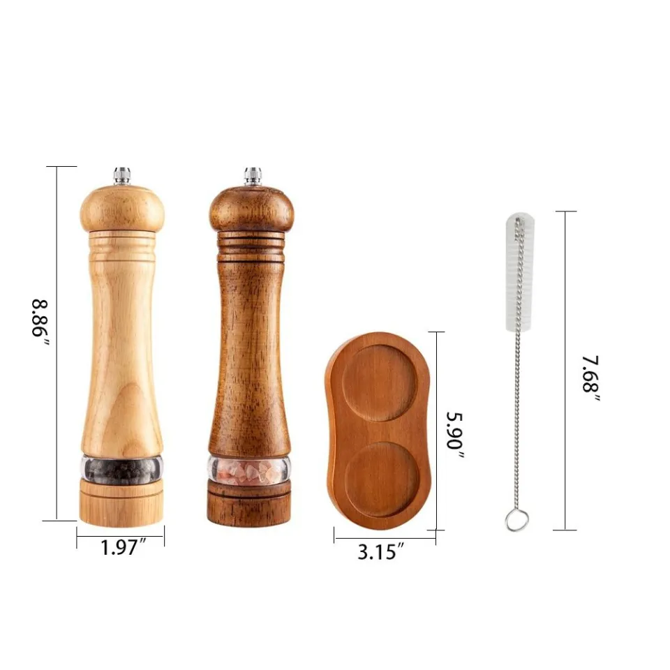 Haomacro Salt and Pepper Grinder Set, Wood Pepper Mills,Wooden Salt  Grinders Refillable Manual Pepper Ginder with Acrylic Visible  Window,Ceramic