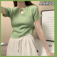 ANRUO เสื้อยืดถักแขนสั้นมีกระดุมผ่าเซ็กซี่สำหรับผู้หญิงเสื้อท่อนบนมีเสื้อยาวปิดถึงก้นบางๆดีไซน์เซ็กซี่ฤดูร้อน