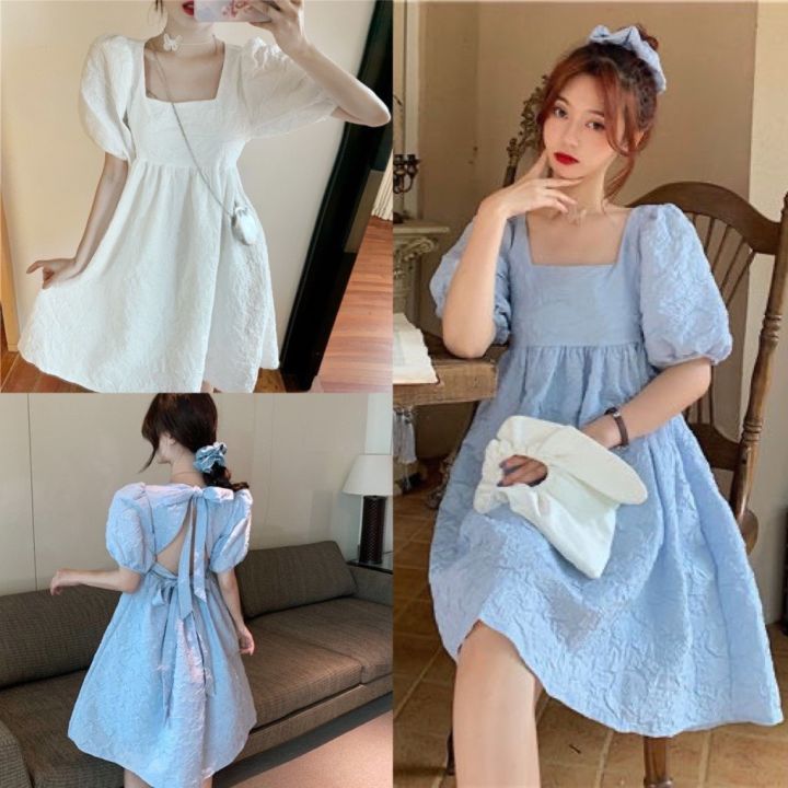 Đầm babydoll nữ gấm xốp cổ vuông tay bồng hở lưng thắt nơ- váy ...