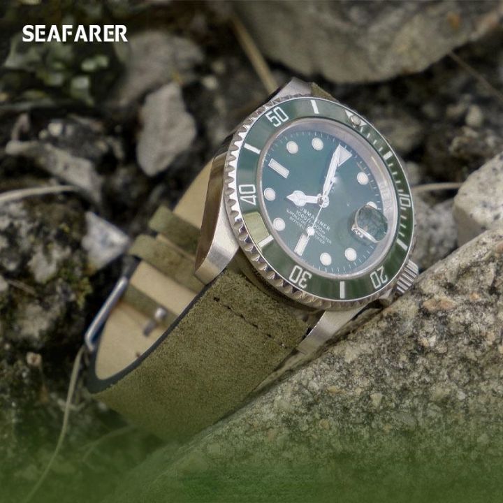 หนังนิ่มสายนาฬิกาหนังแท้สายนาฬิกาผู้ชายเหมาะสำหรับ-rolex-tudor-seiko-สีเขียว-submariner-cowhide-สร้อยข้อมือสายนาฬิกา
