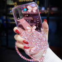 LIFEBELLE สำหรับ Xiaomi Redmi 9T + สายรัดข้อมือ,Luxury Rhinestone ผีเสื้อ Glitter Star ฟอยล์ Bling โทรศัพท์ใสซิลิโคน TPU Bling โทรศัพท์มือถือเคสฝาครอบสำหรับป้องกันหญิง