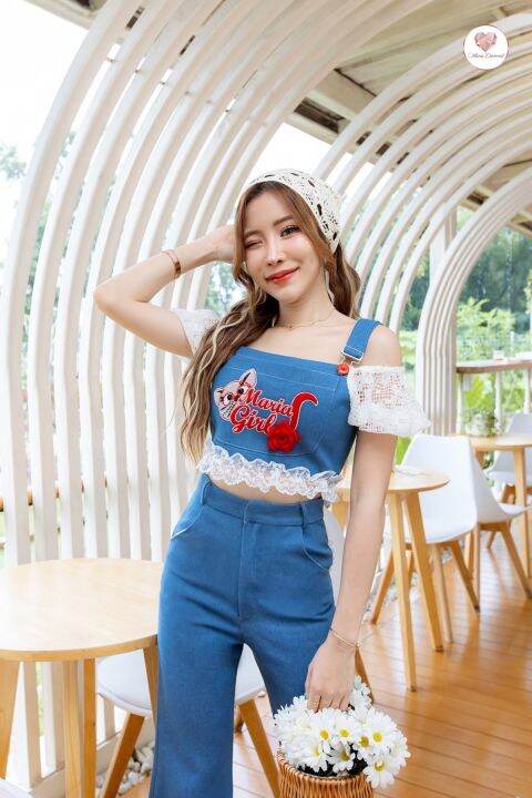 cassia-denim-set-เซ็ตกางเกงยีนส์สุดน่ารัก-ตัดต่อกับผ้าลูกไม้ลงตัว-สวย-หวาน-เซ็กซี่ใส่ง่าย-ช่วงอกเป็นงานปักลายน้องแมว