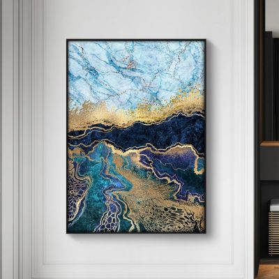 โมเดิร์นบทคัดย่อ Liquid Blue Golden Veins Marble พื้นหลังภาพวาดผ้าใบ Wall Art พิมพ์โปสเตอร์สำหรับห้องนั่งเล่น Home Decor