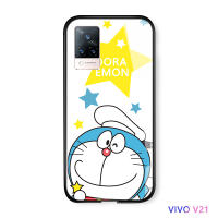 UCUC เคสโทรศัพท์เคสสำหรับ VIVO V21 4G ปลอก Vivo V21 5G การ์ตูนเคสมือถือ เคสโทรศัพท์ เคสสาวแมว Doraemon กรณี Glossy กระจกเทมเปอร์กลับ Soft Edge เคสโทรศัพท์