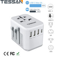 Universal Travel Adapter with Type C Ports,Travel Charger USB Mobile Wall Charger with 4 USB Ports(1 USB C), ปลั๊กอะแดปเตอร์การเดินทาง Universal ที่มีพอร์ต USB 3 พอร์ตและ 1 Type C, อะแดปเตอร์พลังง