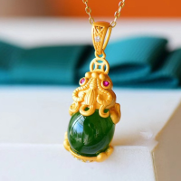 พร้อมใบรับรอง Lucky Charm สร้อยคอจี้หยก14K Piyao Amulet Energy Feng Shui Chalcedony Gemstone
