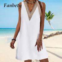 Gaun Pendek 2023-Line Polos Wanita Gaun Rompi V-Neck Rendah Kasual Musim Panas Gaun Pantai Mode Tambal Sulam Tanpa Lenganju Sundress