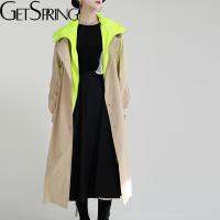 Getsspring ผู้หญิง Trench Coat การจับคู่สี Patchwork Hooded Windbreaker Double Breasted Bandage สีกากีเสื้อคลุมยาว2022 New