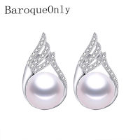 BaroqueOnly Natural freshwater pearl earring 8-9mm purple white blue pink zircon inlaid 925 sterling silver earrings jewelry ECC