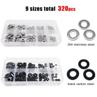 320pcs M1.6 M2 M2.5 M3 M3.5 M4 M5 M6 M8 GB97 304 A2 Stainless Steel Black Steel Plain Gasket Ring Flat Washer Assortment Kit Set