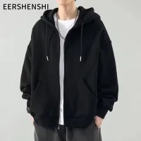 EERSHENSHI แจ็คเก็ตสเวตเตอร์มีฮู้ดสำหรับผู้ชาย,เสื้อกันหนาวลำลองแบบหลวมมีซิปเสื้อฮู้ดขนแกะ