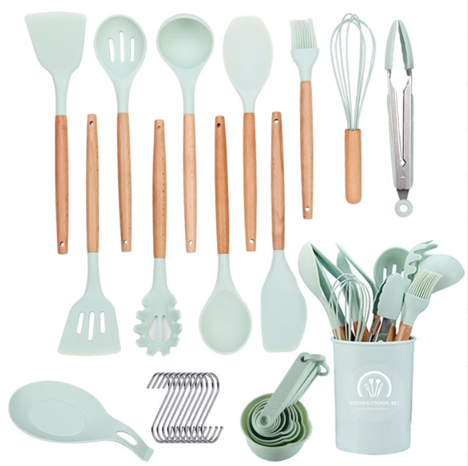 34pcs Silicone Cooking Utensils Set, 446f Heat Resistant Wooden Handle Cooking Kitchen Utensils Spatula Set with Holder for Nonstick Cookware