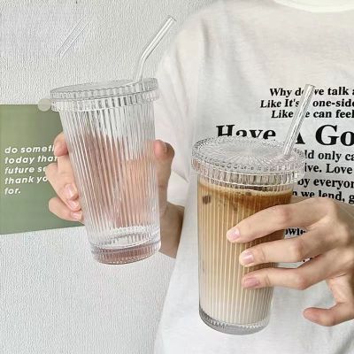 ✚✉❐ 375ml Stripe Glass Cup with Lip Straw Japanese Style Cup Chic Milk Coffee Cups with Lid Tea Cup Wedding Gifts Reusable Water Mug