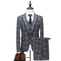 Spot Factory Outlet Men Suits Wedding Suit Male Slim Three -Piece Grid Gold Blending Fashion British Best Man