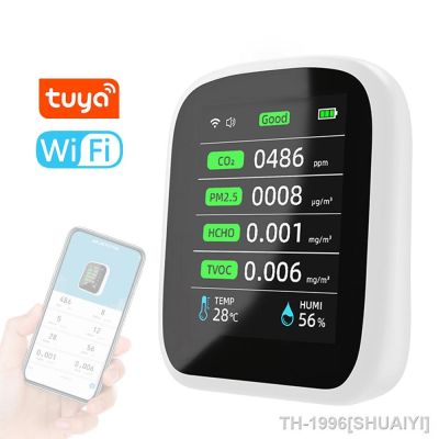 SHUAIYI Tuya Wifi Air Quality Meter Carbon Dioxide Detector 8in1 HCHO PM2.5 PM1.0 PM10 CO2 TVOC Temperature Humidity Tester LCD Display