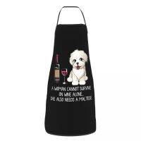 Funny Wine And Maltese Dog Apron Men Women Cartoon Puppy Adult Unisex Kitchen Chef Bib Tablier Cuisine Cooking Baking Gardening Aprons