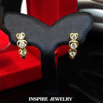 INSPIRE JEWELRY  ต่างหูเพชรสวิสรูปหัวใจเรียงสามดวง ขาล็อค งานจิวเวลลี่ หุ้มทองแท้ 100% or  gold plated/diamond clonning