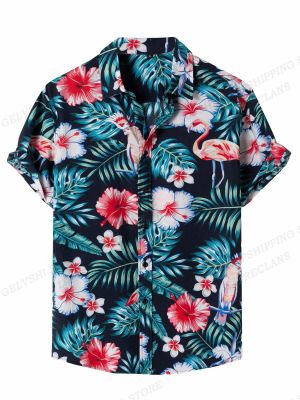 เสื้อแฟชั่นของผู้ชายเสื้อลายดอกไม้เสื้อพักผ่อนริมชายหาดฮาวายลำลองคอปกเสื้อคอปกแบบเปิดลง Aloha