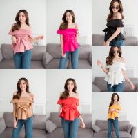 ?[พร้อมส่ง]?K-candy Off shoulder??เสื้อปาดไหล่ ผ้าสกูบ้า ทรงสวย พอง ดีเทลโบว์ด้านหน้า งานน่ารัก ใส่สวยๆ อก 34-38"