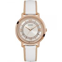 นาฬิกาข้อมือผู้หญิง GUESS Montauk Sunray White Crystal Dial White and Rose Gold  Leather Strap Ladies Watch W0934L1