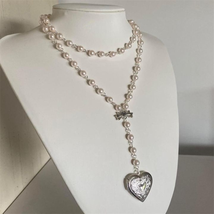 handmade-pearl-heart-shaped-small-box-pendant-beaded-chain-layered-necklace-rosary-necklace