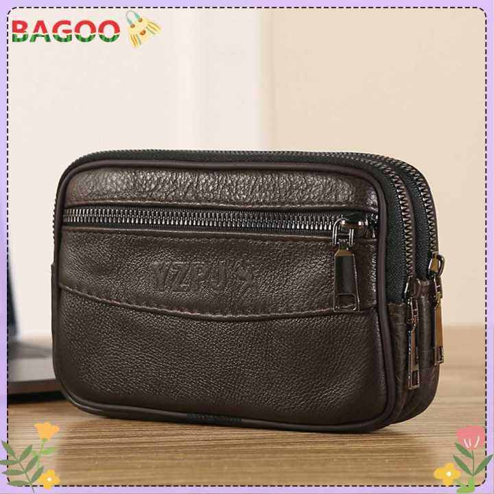 Men Cowhide Leather Rectangle Waist Wallet Casual Male Mini Belt Coin