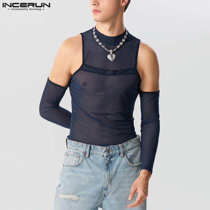 incerun-เสื้อยืดแขนยาวสำหรับผู้ชายขุดไหล่ผ้าตาข่ายแบบธรรมดา-สไตล์ตะวันตก