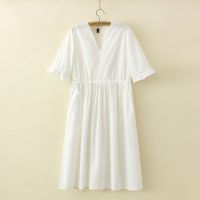 【มีไซส์ใหญ่】Plus Size Womens V-neck Short Sleeve White Black Summer Long Dress Ladies Office-wear Pleated Dresses