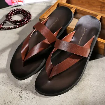 Mens leather flip hot sale flop slippers