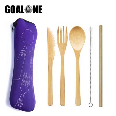 3-6Pcs Bamboo Cutlery Set Portable Tableware Wooden Cutlery Fork Spoon Knife Set with Carry Case Reusable Travel Utensils Tools Flatware Sets