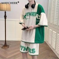 MAYCHEER   ชุดลำลองผู้ชายแขนสั้น + กางเกงขาสั้น) สไตล์เสื้อยืดแบบหลวมกางเกงขาสั้นแฟชั่นใหม่