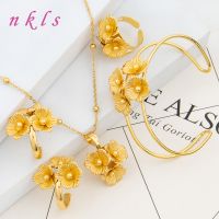 【lz】✳☑✐  Luxo Conjunto de Jóias Flor Italiana para Mulheres Cor Dourada Colar Brincos Pulseira Anéis Festa de Casamento Presente