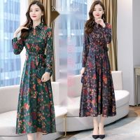 The new dress 2022 acetate satin printed female floral dress long-sleeved dress popular backing skirt 2022