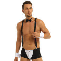 Mens Groom Tuxedo Sex Lingerie Set Homme Boxer Briefs Underwear with Suspender Shoulder Straps Bow Tie Collar and Bracelets