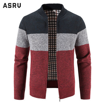 ◐ hnf531 ASRV Mens Sweater Jacket Fleece Thickened Warm Striped Baseball Collar Knit Sweater
