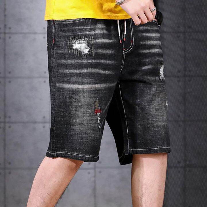 mens-casual-ripped-denim-shorts-drawstring-elastic-waist-short-jeans-moto-distressed-jean-short-with-hole-black-xx-large