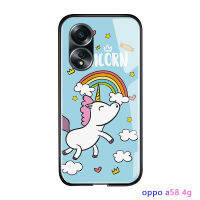 GGK เคสโทรศัพท์กระจกนิรภัยมันวาวสำหรับ OPPO A58 4G ลายการ์ตูนน่ารักสำหรับผู้หญิงเคสกันกระแทกปลอกอ่อนรูปยูนิคอร์นสีชมพู