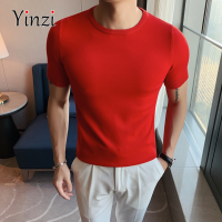 YINZI Men Slim เสื้อกันหนาวแขนสั้น O-Neck เสื้อยืดถักสีทึบเสื้อยืดชาย Tshirt