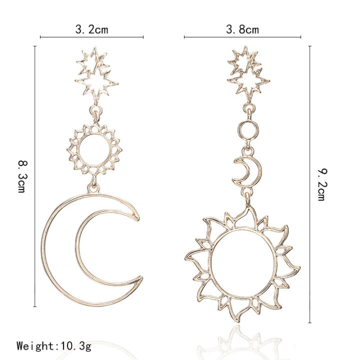 ต่างหูต่างหูขนาดใหญ่แบบอสมมาตรสำหรับผู้หญิงต่างหู-mode-korea-ดาวอาทิตย์ดวงจันทร์กลวง-boho-อสมมาตร