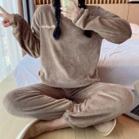 【JH】Autumn Winter Warm Flannel Pajamas for Women Students Cute Plus Velvet Thicken Loose Sleepwear Set  Coral Velvet Home Clothes