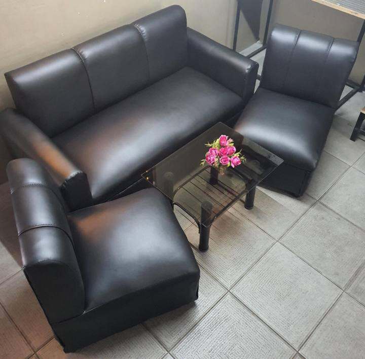 sala set black leather sofa with glass table uratex foam cod only