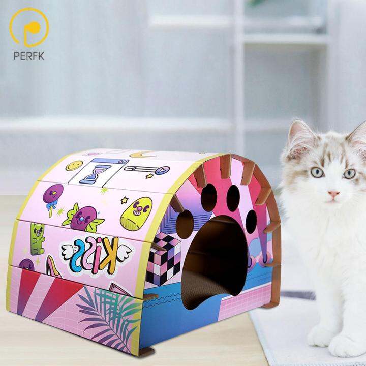 Perfk Cardboard Cat House Scratch Pad Nest Scratching Lounge Bed Hut