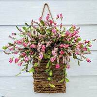 Artificial Flower Wreath Spring Summer Pink Berries Wildflowers Hanging Basket For Front Door Decor Farmhouse Cottage Garlands